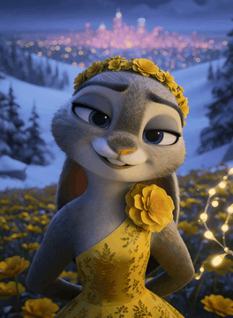 AI生成视频：Judy Hopps, the anthropomorphic rabbit from Zootopia, stands in a snowy field…