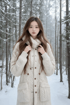 AI generated video: A woman stands in a snowy forest and adjusts the collar of her sweater, her…