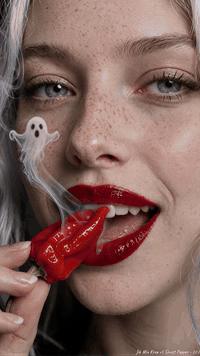 AI生成视频：Extreme close-up beauty portrait of an adult woman with icy-white hair, pale…