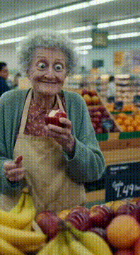 AI generated video: Surreal dark-comedy scene inside a small neighborhood grocery store. An elderly…