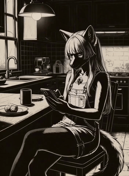 AI生成视频：da0klfe, black and white woodcut-style illustration, A cozy evening kitchen. An…