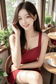 Видео, сгенерированное нейросетью: A young woman in a red dress sits down and sweeps her head, The leaves outside…