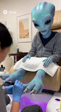 AI generated video: Create a realistic alien at a nail salon getting their creepy toenails done…