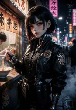 AI generated video: Picture 1 shows the first frame. A neon city street and a ramen stall with a…