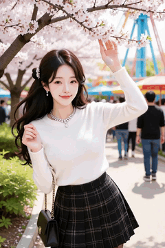 AI generated video: A young woman poses while touching cherry blossoms, The cherry blossoms are…