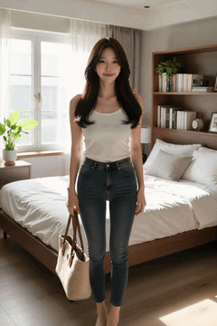AI generated video: A scene where a woman stands in front of a bedroom, smiles, turns her back, Her…