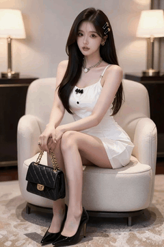 AI generated video: A woman in a white mini dress is sitting on the sofa, long hair shakes softly…