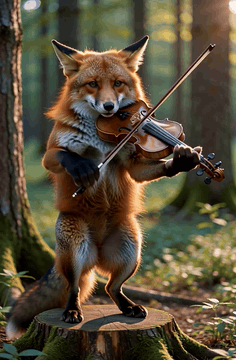 AI generated video: A fox playing the violin, standing on a tree stump in the forest