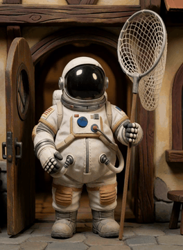 AI generated video: Stop-motion film showing an obese astronaut holding a massively gigantic…