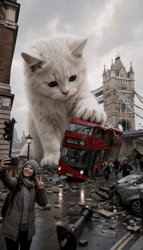 AI generated video: subject_definitions: <Subject 1> is a gigantic 80-meter-tall fluffy white…