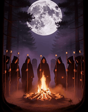 AI generated video: a group of mysterious hooded figures gathered around a roaring fire in a dark…