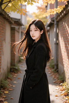 AI generated video: A woman with long dark hair is standing in an alley and, the wind is blowing…