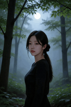 AI generated video: a woman dressed in black stood in the woods and looked at the camera, The…