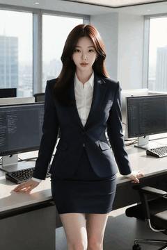 AI generated video: A woman in a business suit stands with her hands on her desk and moves her body…