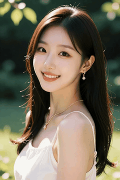 AI generated video: A young woman is standing in the park with a smile, Long hair flutters lightly…