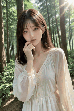 AI generated video: A young woman is standing in the woods and pinching her jaw with her hands…