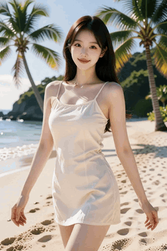 AI generated video: young woman walking on the beach, Her long hair blows in the wind and, Palm…