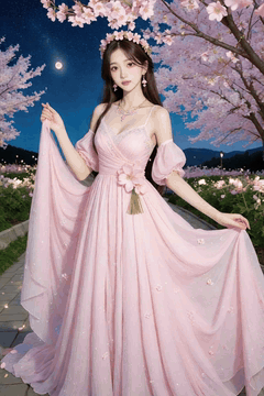 AI generated video: the woman wearing a flower crown unfolds her pink dress, The hem of the dress…
