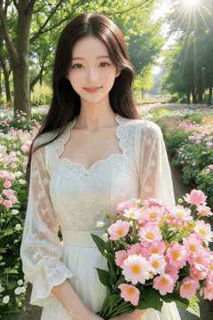 AI generated video: A woman with a bouquet of flowers stands in the garden path and smiles,, the…