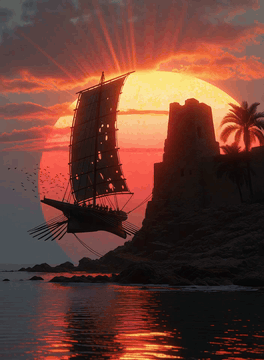 AI generated video: A digital fantasy scene depicting a surreal coastal scene dominated by a…