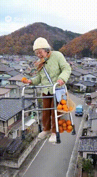 AI generated video: シルバーカー型ドローンに乗ったおばあちゃんが近所に上空からみかんを投げていく