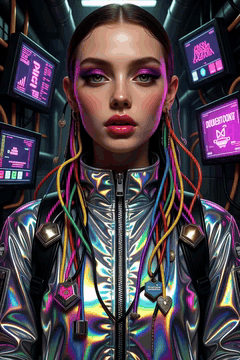 AI generated video: underground netwitch, iridescent jacket covered in patch cables and hex charms…