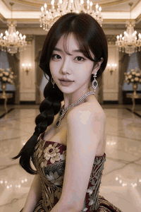AI generated video: a beautiful woman twirls her body slightly in a luxury hall, Her long braid…