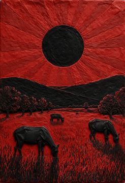AI generated video: Low ominous cello drone and quiet crickets. In the textured red and black clay…