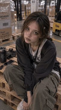AI generated video: A young woman sits on wooden pallets in a warehouse aisle, knees loosely drawn…