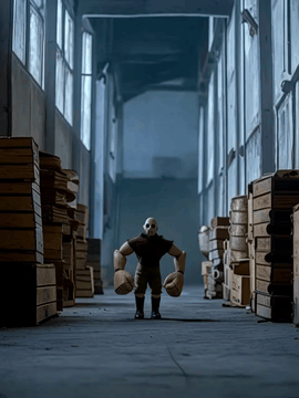 AI generated video: Storyboard: [Shot 1] A HD horror film clip of a horror puppet in a industrial…