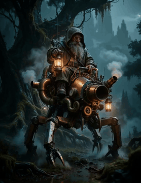 AI generated video: An old man sat on a steam-filled insect, a lamp illuminating his path, and…