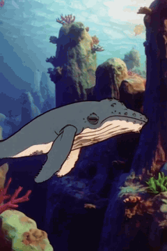 AI generated video: The humpback whale, rendered as a flat, cel-animated 2D character with bold ink…