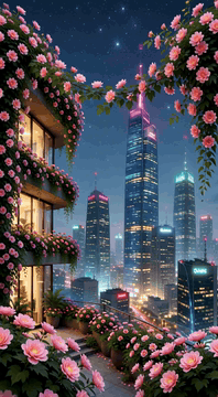 AI generated video: c1tr0nL4nd, neon cyberpunk city at night, vine covered glass building beside a…