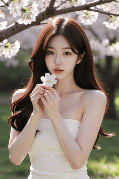 AI generated video: A young woman is standing under a cherry blossom and holding a flower, Her hair…