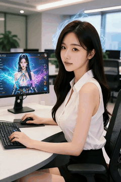 AI generated video: An office woman is playing a game while operating a keyboard and mouse, Blue…