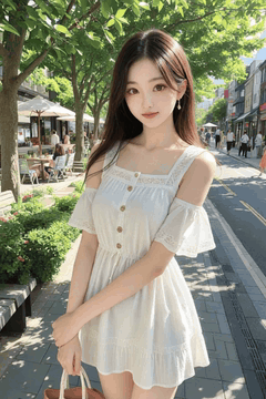 AI generated video: A young woman in a white dress stands on the sidewalk and smiles, hair blows in…