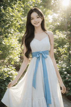 AI generated video: a young woman with long hair lifted the hem of her dress in the garden, Her…