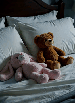 AI generated video: A continuous handheld shot in a dim teenage bedroom, starting focused on a…