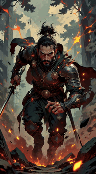 AI generated video: a stylized illustration of a warrior lunging forward through smoke and sparks…
