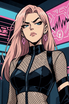 AI generated video: punk diplomat from broken system, holographic earrings blinking corrupted data…