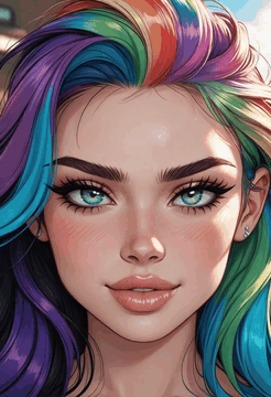AI generated video: woman face closeup, rainbow hair, Lash Extensions, Astounding quality…