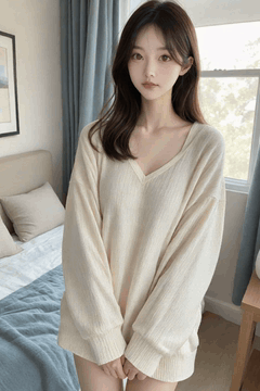 AI generated video: A young woman stands in her bedroom and moves her body slightly, Her long hair…