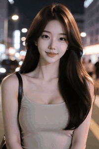 AI generated video: A young woman stands smiling on the street at night with her long hair swaying…