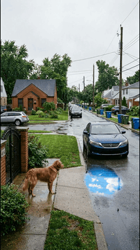 AI generated video: A completely ordinary suburban street videographed just after a summer rain…