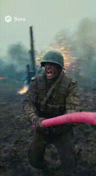 AI generated video: Camera sweeps over a smoky, war-torn battlefield — explosions, chaos, soldiers…