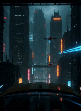 Видео, сгенерированное нейросетью: Cinematic point-of-view from behind a flying taxi (Blade Runner spinner style)…