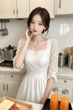 AI generated video: A woman in a white dress stands in the kitchen and touches her cheeks with her…
