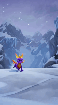 AI generated video: Spyro races across a frozen mountain pass, purple eyes narrowed against the…
