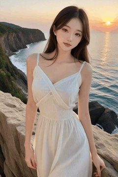 AI generated video: A woman stands on a coastal cliff, the hem of the, dress swings in the wind…