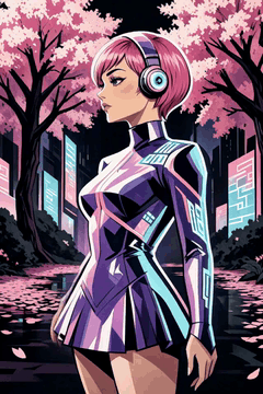 AI generated video: electric punk aesthetic, short purple latex skirt over suit base, bright pink…